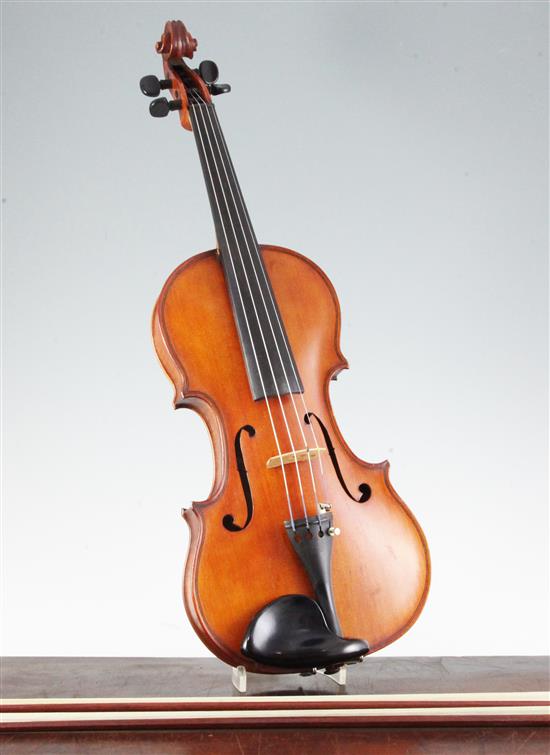 An early 20th century violin, with handwritten label stating made by J.K. Monk, Lewisham,